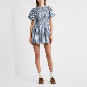 Smocked Blue Gingham Mini Dress with Puff Sleeves